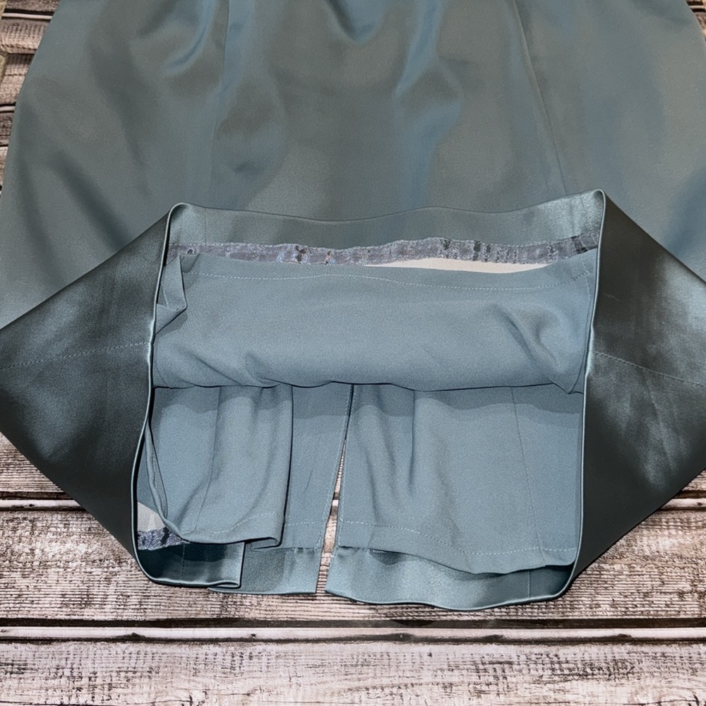 Silk Misty Blue Portrait Collar Ruched Sleeveless Tea Length Dress 10 - Picture 14 of 14